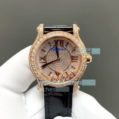YF Factory Super Clone Chopard Happy Sport Diamonds Full Diamond Rose Gold Watch 